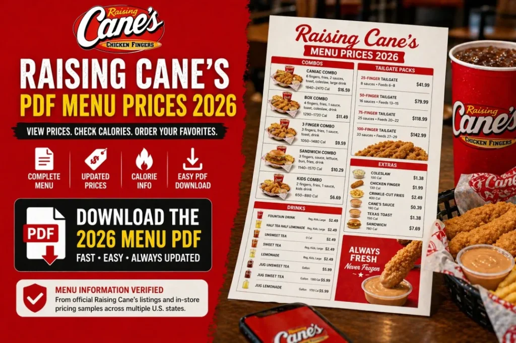 What the Raising Cane's PDF Menu Includes